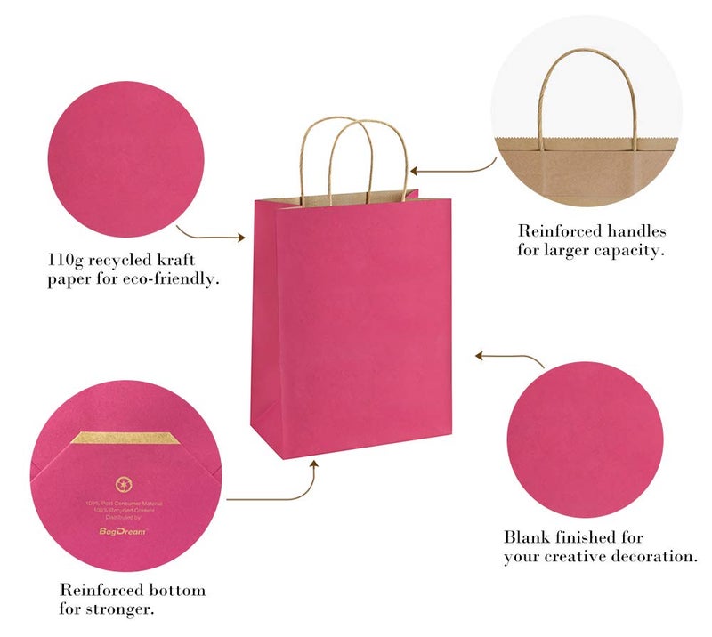 BagDream Hot Pink Gift Bags 8x4.25x10.5 100Pcs Kraft Paper Gift Bags with Handles Medium Bulk, for Shopping Party Favor, Retail Merchandise Grocery Paper Sacks - Image 5
